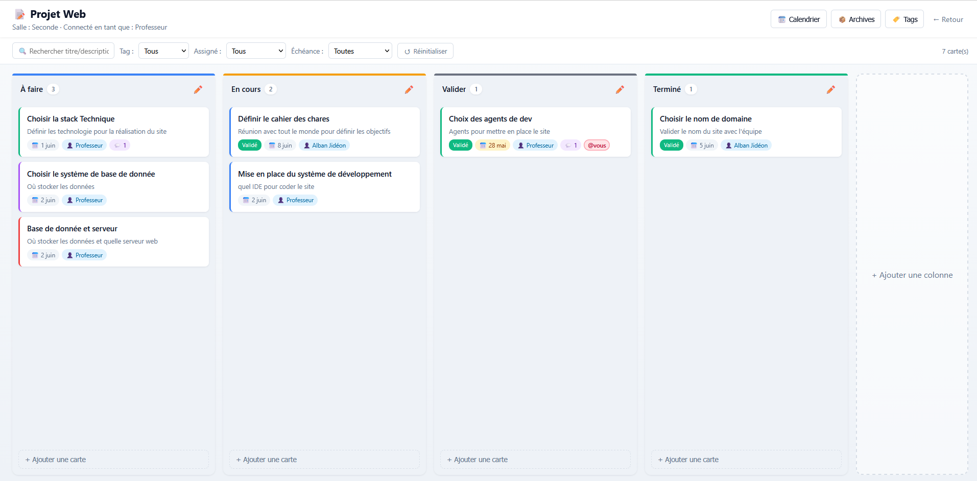 EduTools Kanban board with custom columns To do, In progress, Review and Done containing web project cards